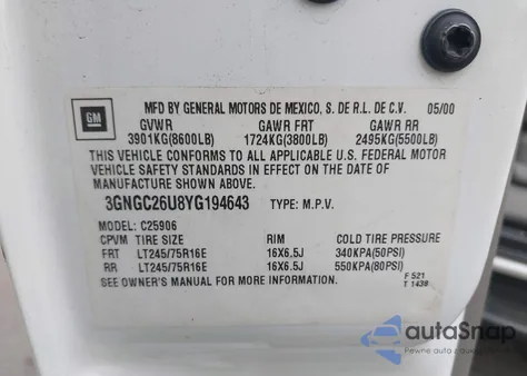 2000 Chevrolet Suburban Ls из США, поврежденный, VIN 3GNGC26U8YG194643